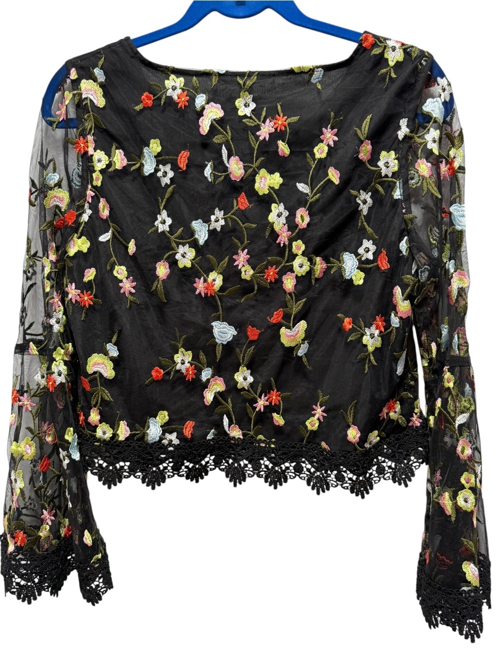 Jack by BB Dakota Black Sheer Floral Embroidered Long-Sleeve Top